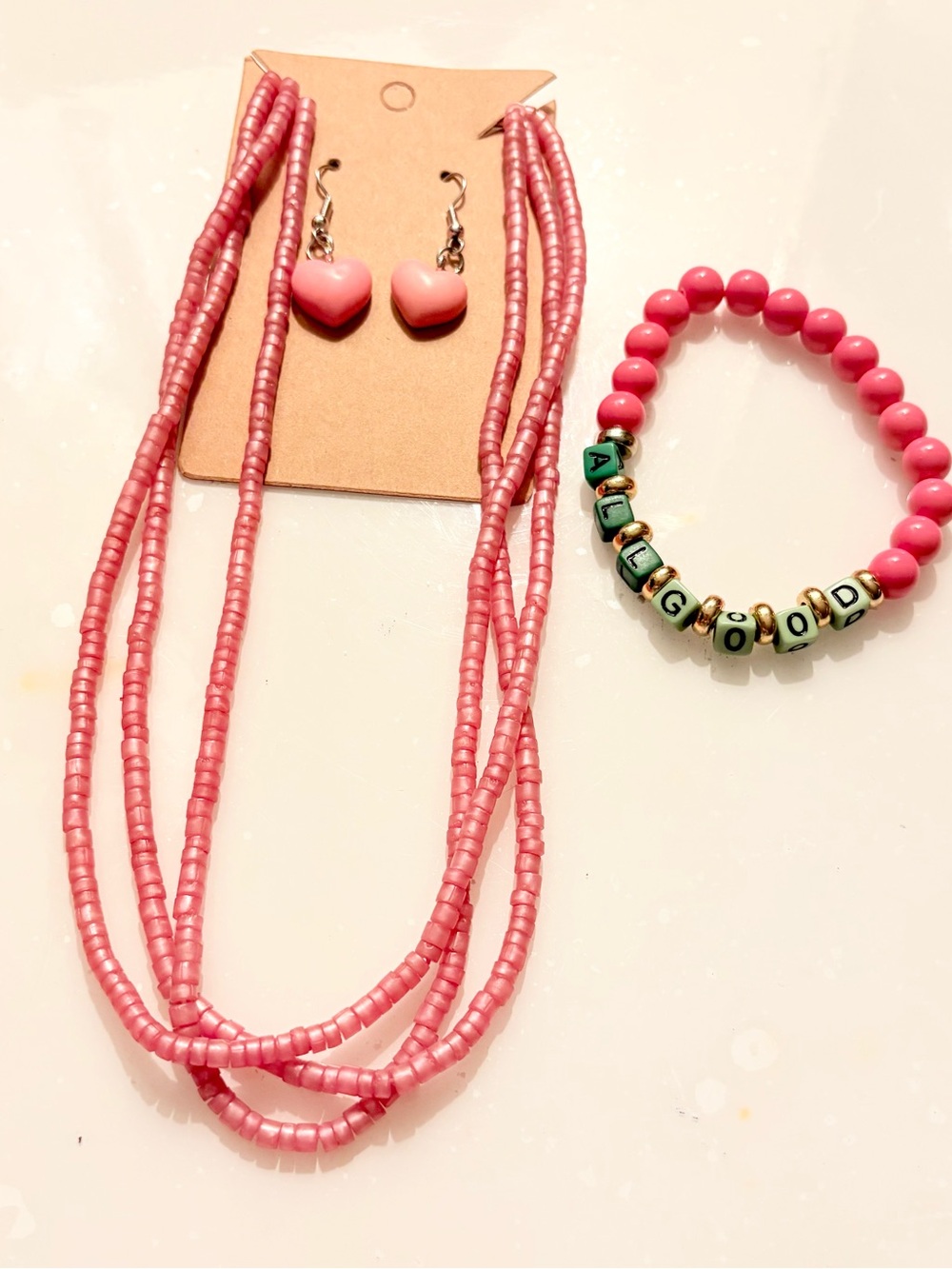 Pink Beaded Necklace, Heart Earrings and ‘ALLGOOD' Bead Bracelet Set